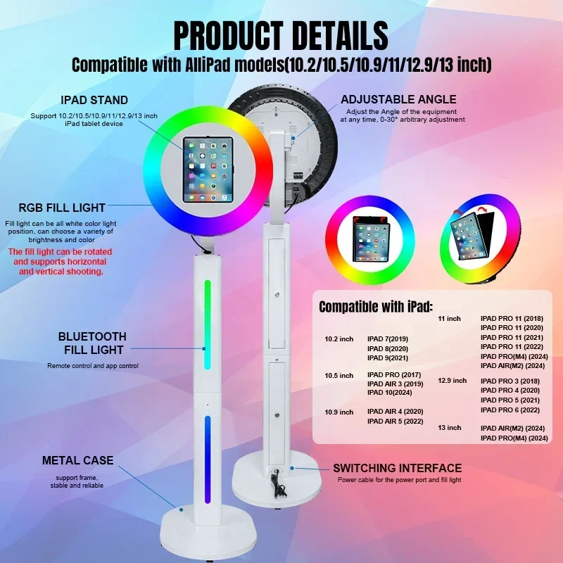 LED Ring Light Photo Booth Shell Por Photo Booth hine Party Selfie Photo Booth for 10.2/10.5/10.9/11/12.9/13 Inch iPad