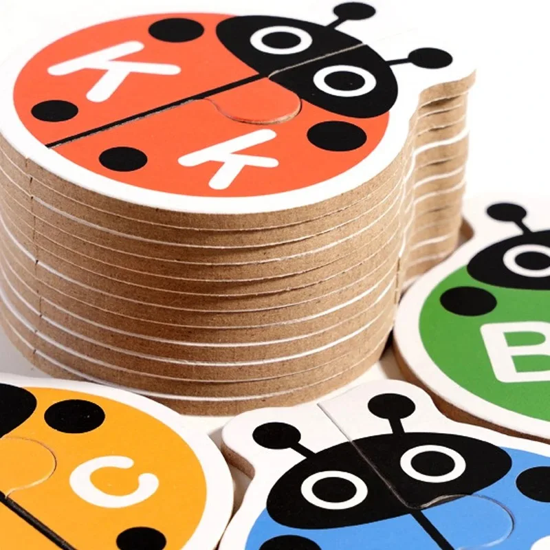 ;Wooden Ladybug Alphabet Matching Puzzle, Double Sided Cards, Words And Letters Learning Toy for Kids, Interactive Tabletop Game