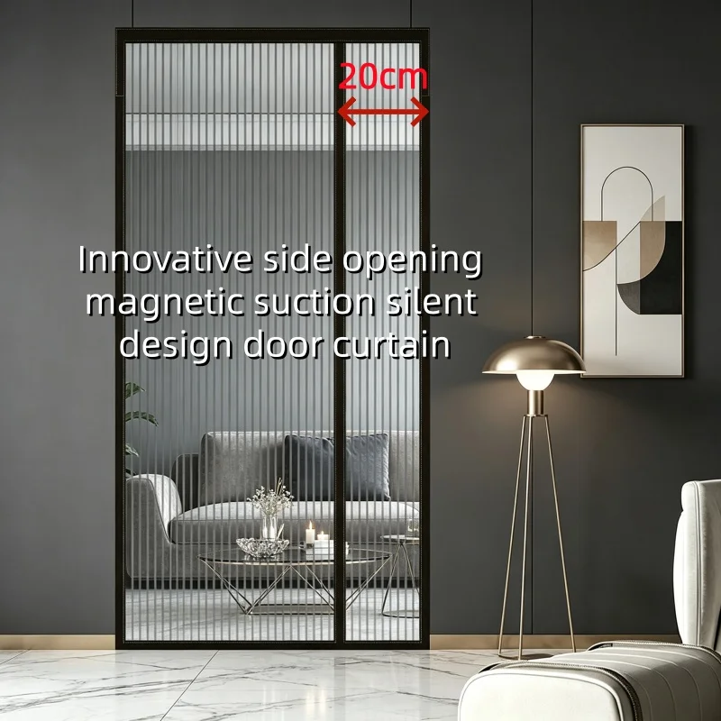 Upgraded Black Striped Full Magnetic Block Side Opening Design Mosquito Proof Door Curtain, Suitable for Kitchen Living Room Bed