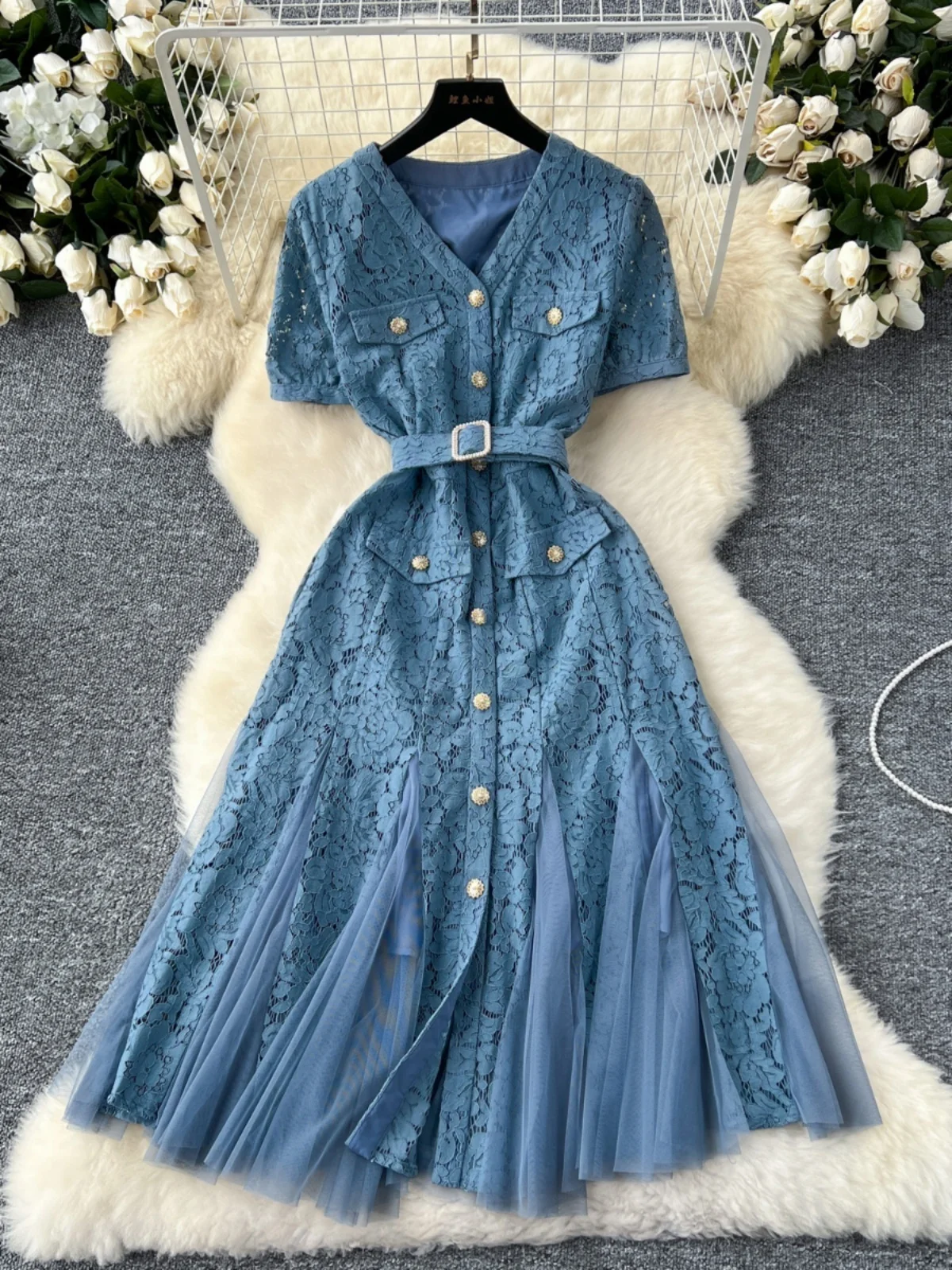 Summer Holiday Flower Embroidery White Lace Prom Dress Women Short Sleeve Single Breasted Crystal Diamonds Evening Party Vestido