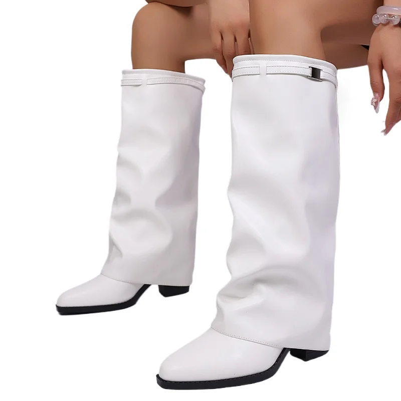 

Женские модные складные сапоги до колена, зимние однотонные нескользящие модные ботинки из искусственной кожи с широкими штанинами на толстой подошве Botas Mujer