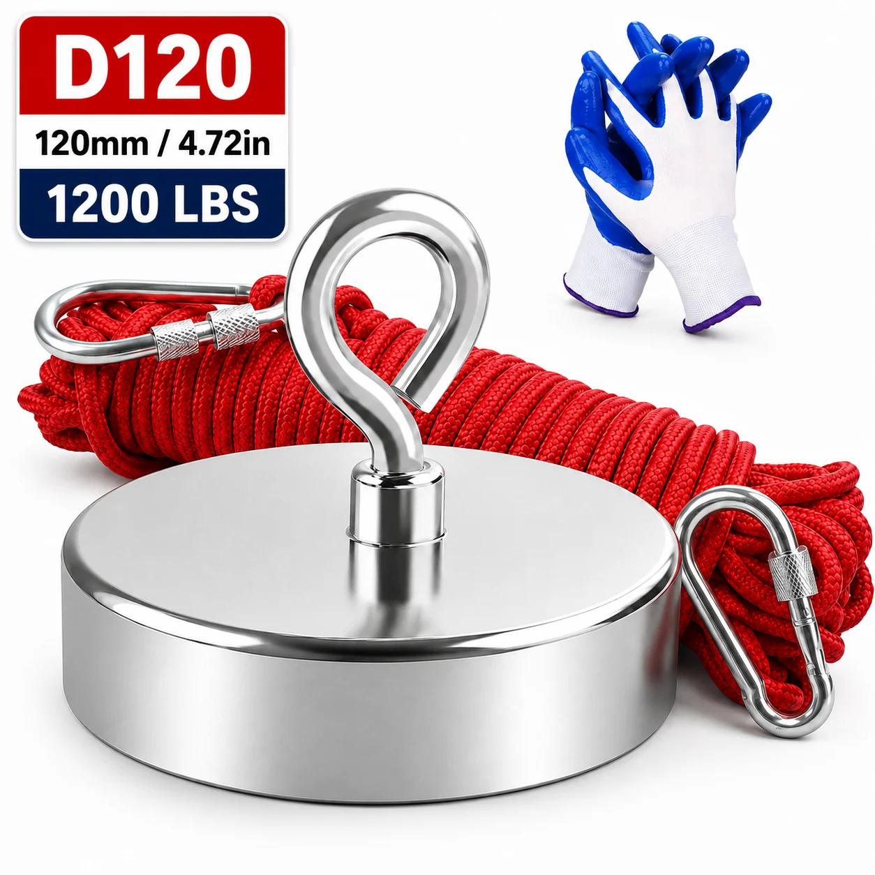 120mm (4.72in) Strong Fishing Magnet Kit, 1200 LBS Pull Force, Heavy Duty Magnet Set for Metal Retrieval and Treasure Hunting