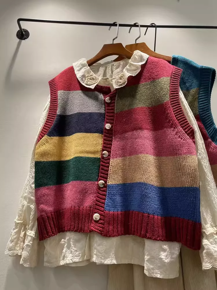 

Women's Sweater Vest Mori Girl Autumn Japan Style Rainbow Striped Vest Women Vintage Single-breasted Sleeveless Cardigan