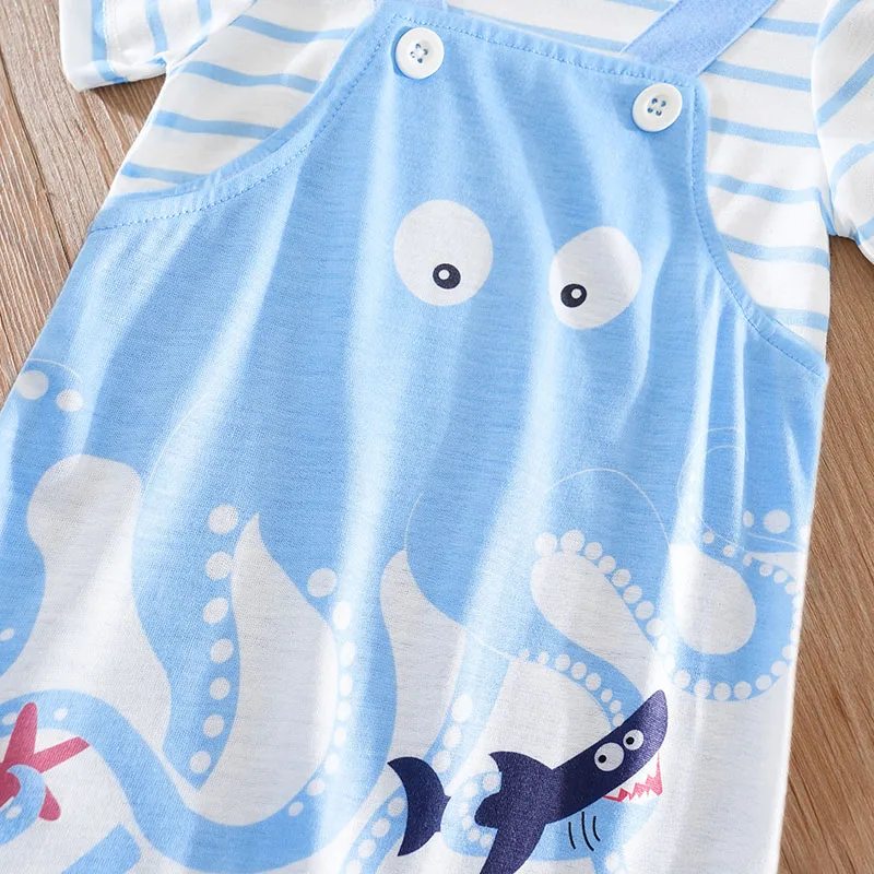 0-18 Baby Jumpsuit Cute Cartoon Strap Octopus Casual And Comfortable Soft Boy And Girl Summer Short Sleeved Newborn Clothes