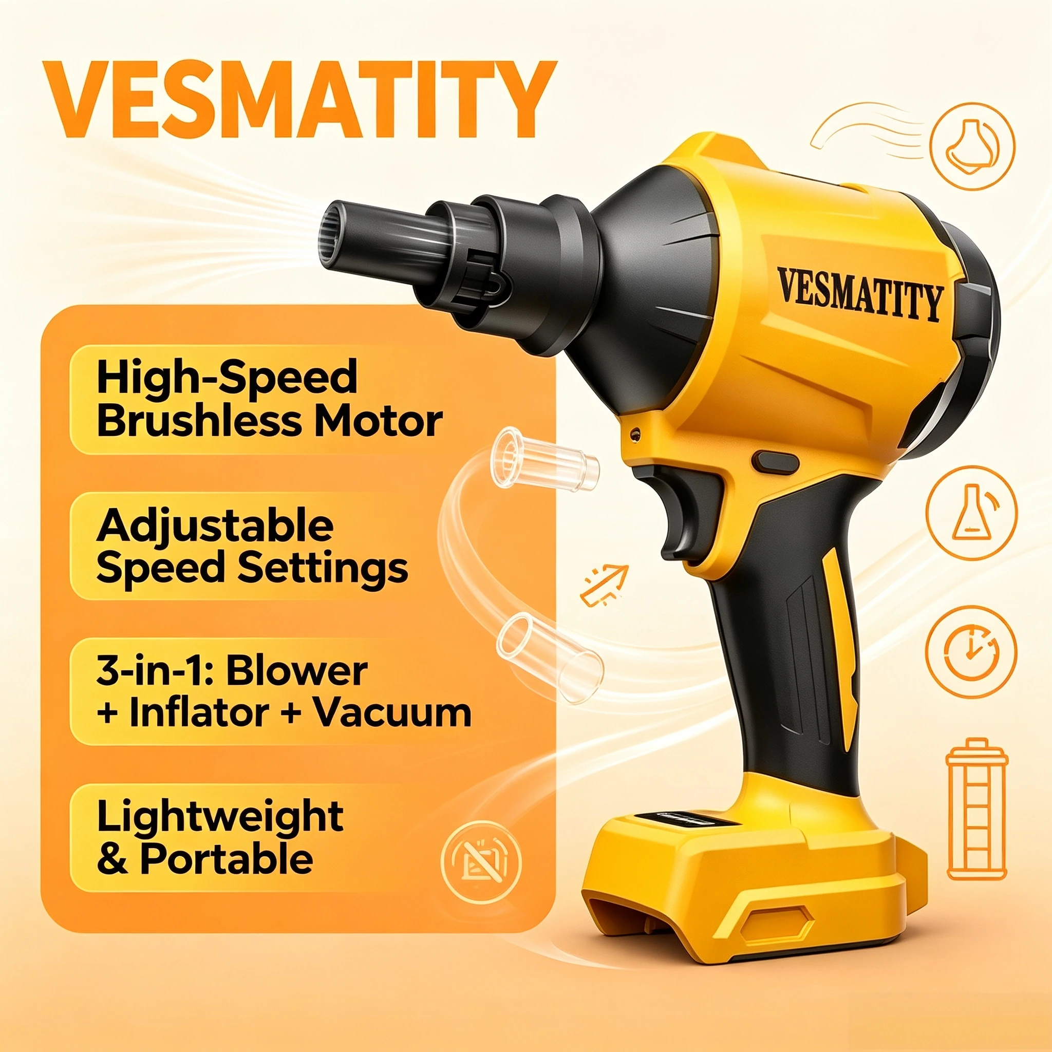 Multifunction Inflator VESMATITY Cordless Brushless Air Blower Dust Removal Nozzle Tool for Dewalt Battery Pro Use