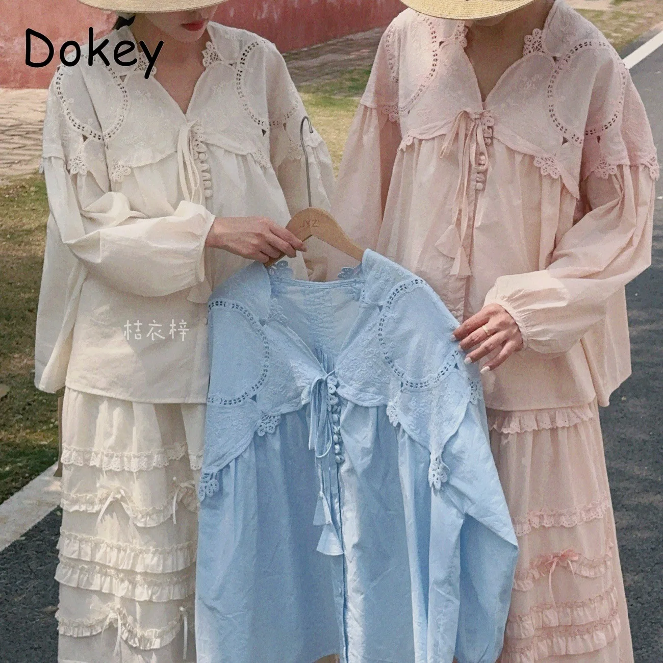 

Vintage Hollow Out Two Pieces Sets Women Summer Japanese V-Neck Lace-up Long Sleeve Cotton Shirt+High Waist A-Linen Skirt Suits