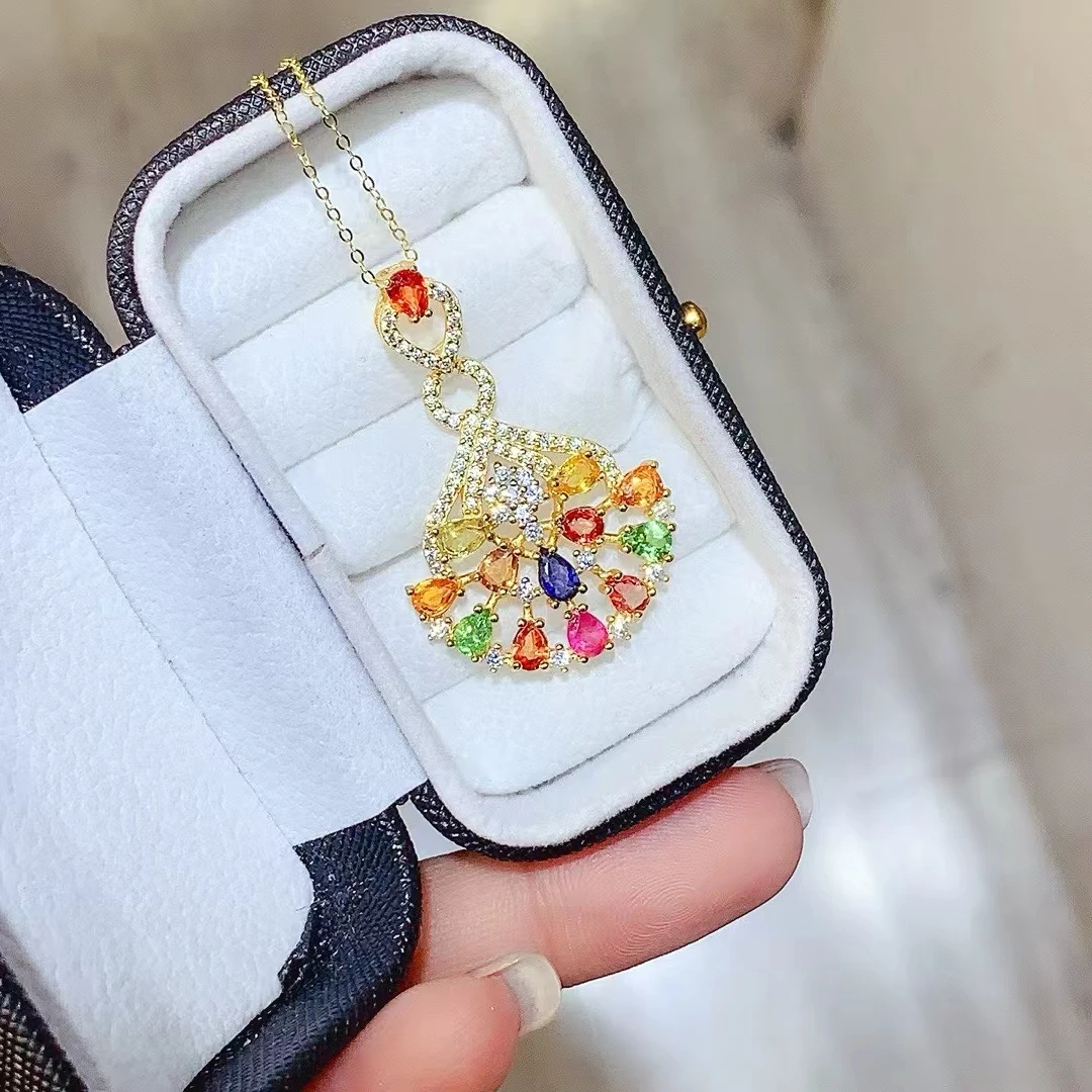 KJJEAXCMY Natural Colorful Sapphire Pendant High Clarity Lustrous Locking Color Process S925 Silver Electroplated Jewelry