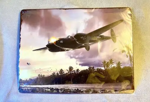 Vintage Retro WW 2 Biplane Flying Over Island 16” X 12” Tin Sign