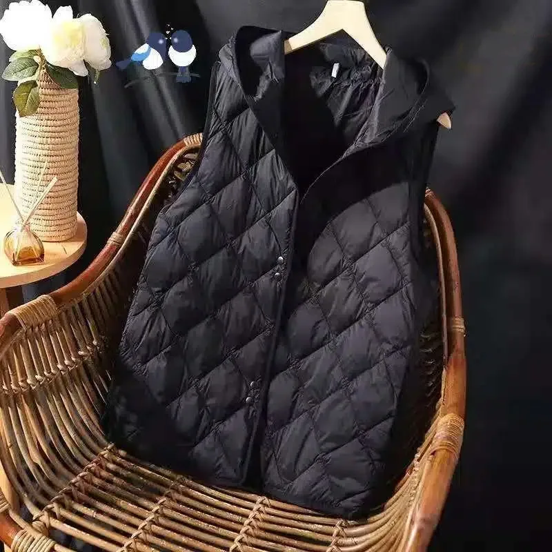 2023 Autumn New Ultra Light Slim Down Coat Women Hooded Sleeveless Vest Jacket Female Thin Windproof Cotton Padded Waistcoat 5XL