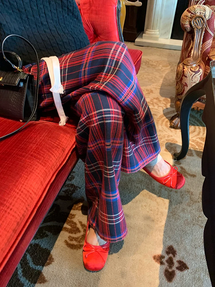 

Red Plaid Woolen Wide Leg Pants Women's Elastic Waist Design Sensation Autumn Winter New Style Commute Korean Version Asymmet...