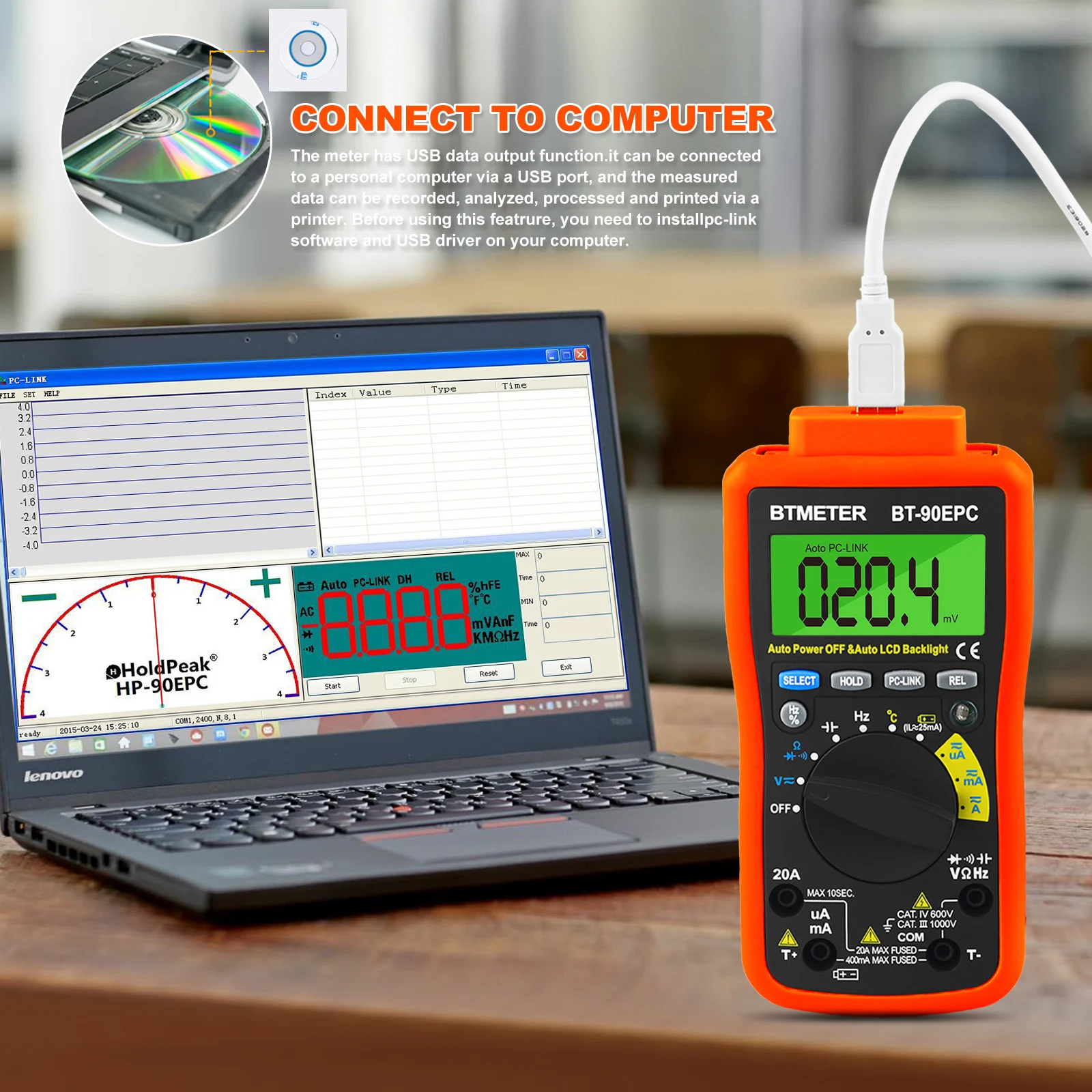 Btmeter BT-90EPC Digitale 4000 Counts Multimeter Auto Ranging Ac/Dc Voltage Current Meter Tester 1000V Met Usb Back licht