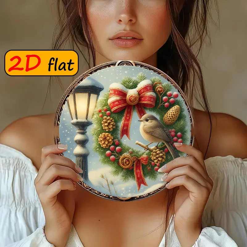 Christmas Winter Scene Aluminum Round Sign 20x20cm Snow Pine Wreath Bird Wall Decor  Gift For Home Dining Room Study view 6