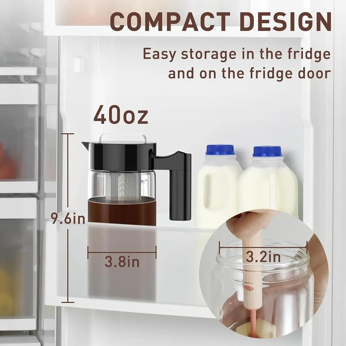 ABFW Cold Brew Coffee Maker, 40 Oz Iced Coffee Pitcher with Mesh Filter, Glass Ice Coffee Making Jug for Fridge Black
