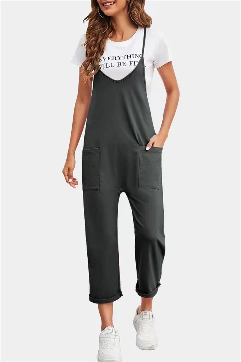 Dames Mouwloze Jumpsuits Casual Losse Spaghettibandje Wijde Pijpen Broek Overall Effen Zak V-Hals Harem Romperbroek