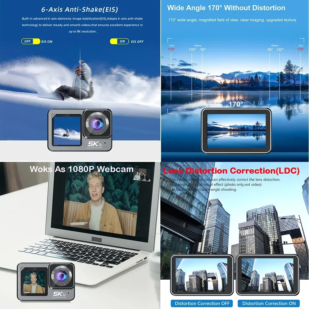 Action Camera F6W Wireless Mic 5K 4K60FPS 48MP 2.2\