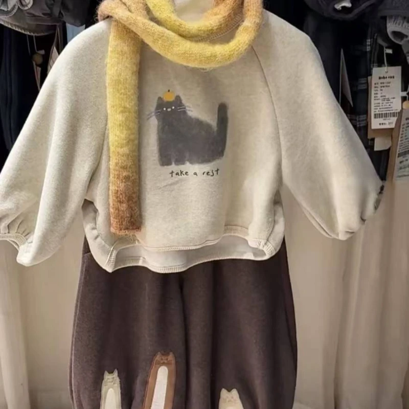 

Autumn/Winter 2025 New Fashionable Children's Cartoon Cat Printed Thick Top and Pants Two Piece Set