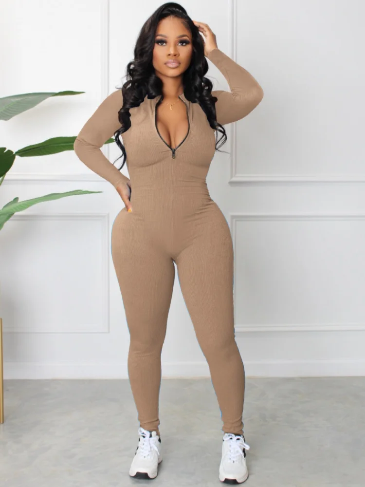 

Three Sisters Autumn 2025 New Women's Clothing Daily Solid Long Sleeve Tight Pit Zipper Sports Comfortable Casual Jumpsuit