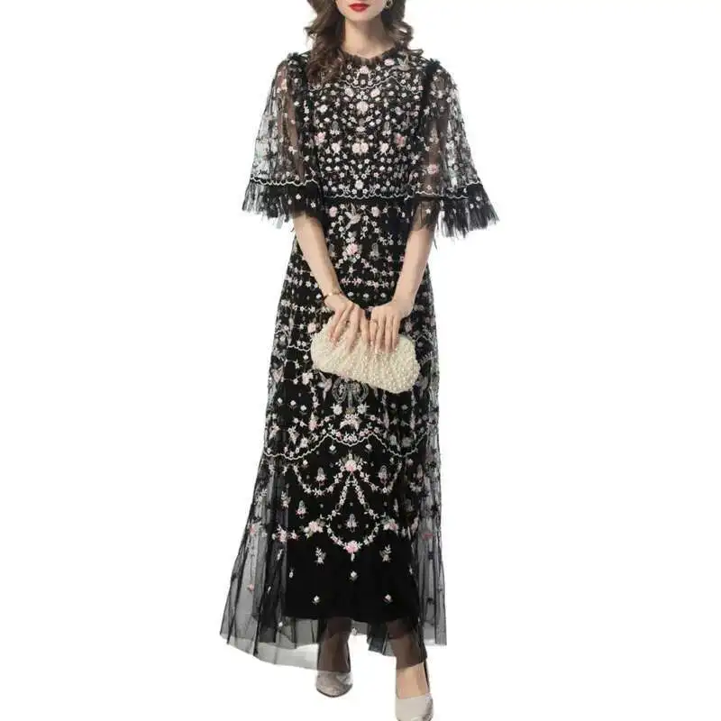 HKSH Summer New Women's Chic Elegant Fashion Casual Light Luxury Embroidery Mesh O-Neck Half Sleeved Long Banquet Dresses HK5315
