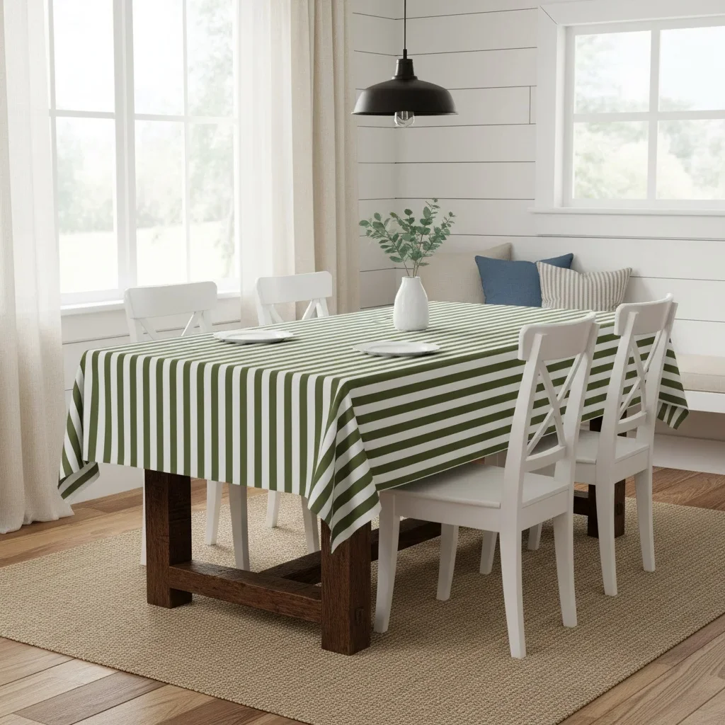 One green and white striped tablecloth - modern and simple rectangular fabric that is water washable and made of nylon.