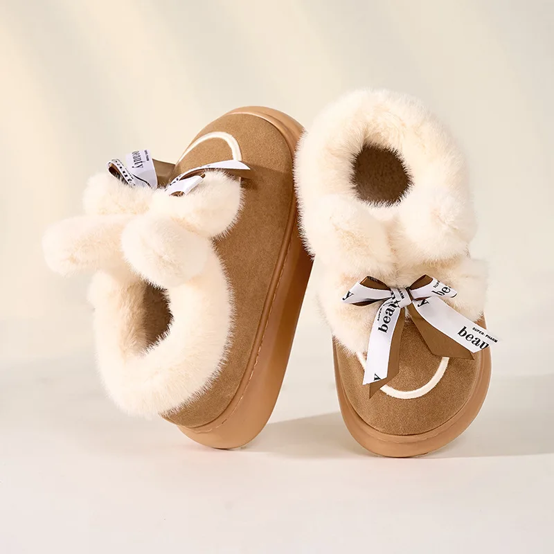 Autunno inverno Indoor donna pantofole calde pelliccia sintetica ragazza casa scarpe di cotone carino fiocco nodo coniglio peluche camera da letto