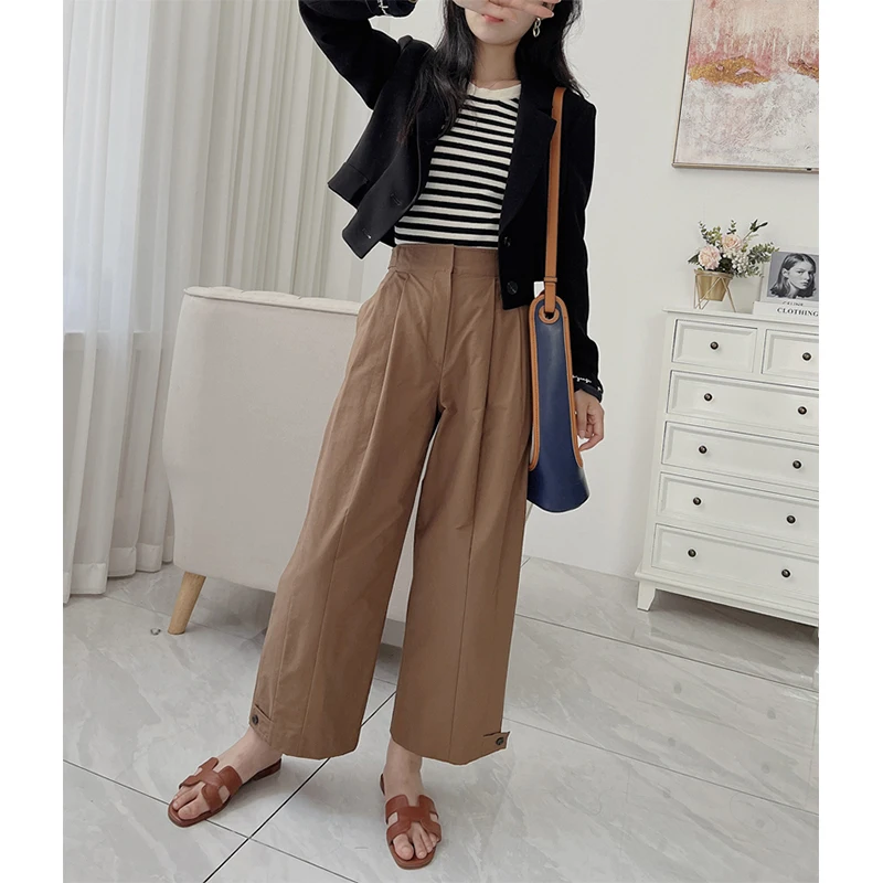 

Женские повседневные широкие брюки-кюлоты длиной 7/8 с отворотами, S-образным силуэтом, оригинальные, для отдыха, осенние, синие, с завышенной талией