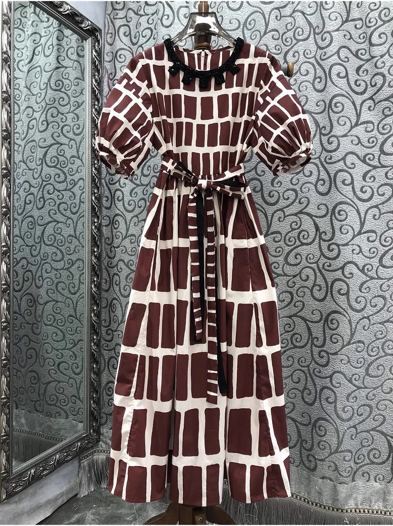 

100%Cotton Long Dress 2024 Autumn Women Geometric Prints Beading Deco Short Sleeve Long Black Wine Red Maxi Dress Evening Party