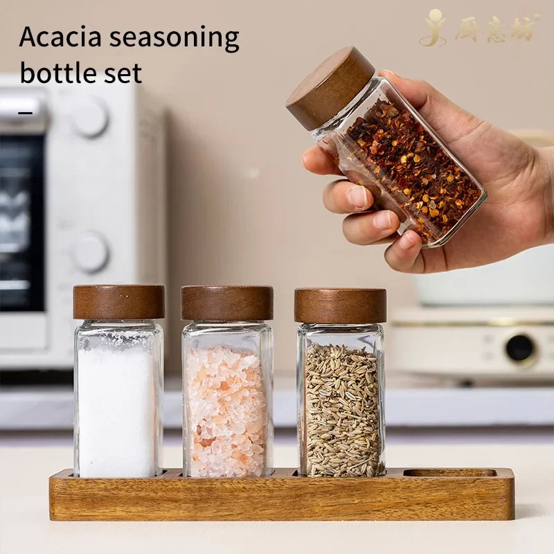 Glass Seasoning Jar Set Acacia Wood Cover Square Glass Bottle with Base Set Sealed Pepper Spice Jar Spices Organizer Kitchen