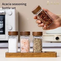 Glass Seasoning Jar Set Acacia Wood Cover Square Glass Bottle with Base Set Sealed Pepper Spice Jar Spices Organizer Kitchen