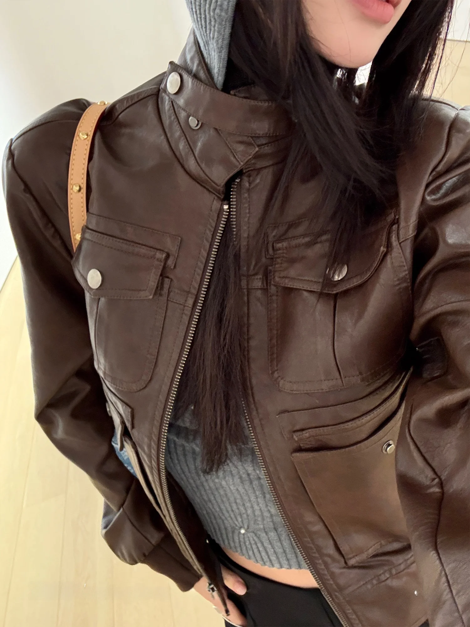 Suone americano sle marrom casual couro jaet feminino ort retro motocicleta jaet casaco gola outono nova chegada