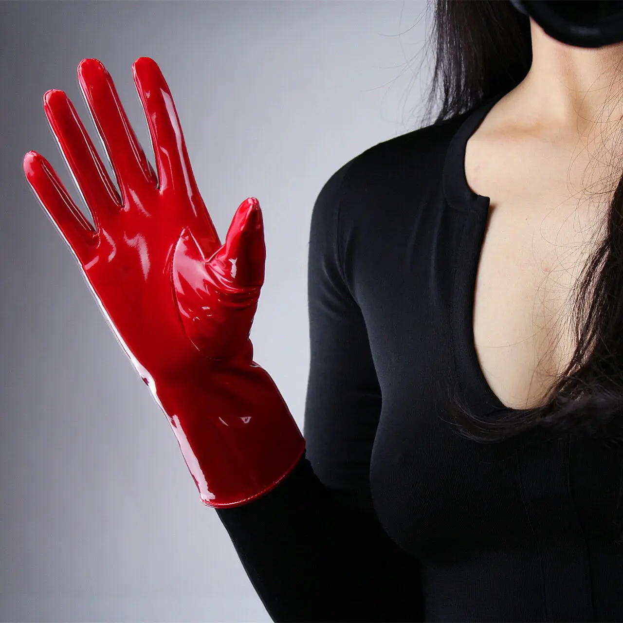 DooWay Sexy Women\'s Red Latex Gloves Shine Wet Look Wrist Faux Patent Leather Fashion Evening Wedding Party Role Play Glove