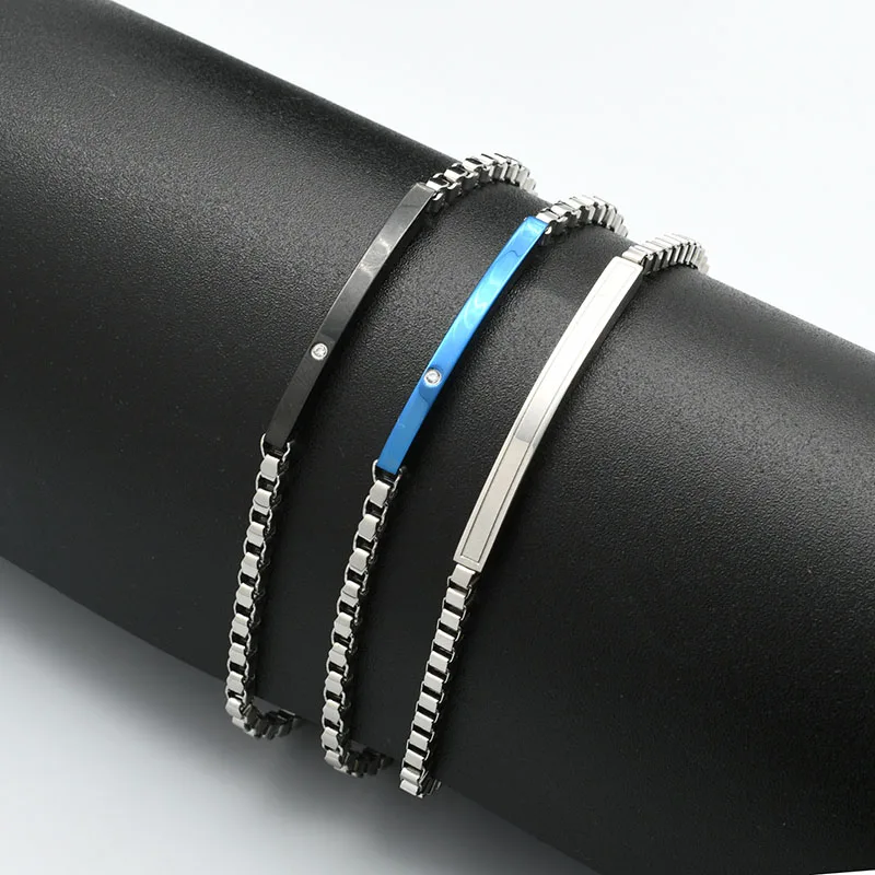 High Quality Stainless Steel 4mm Boxed Chain Blue Plated With CZ Setting Plate Fashion Men and Women Bracelets