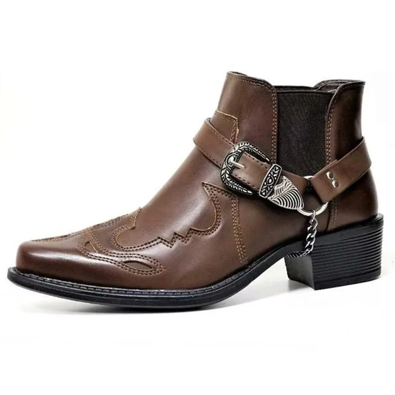 New Fashion 2026 Men's Vintage Cowboy Boots Leather High Top Chain Buckle Strap Punk Shoes Pointed Toe Biker Ankle Boots for Men