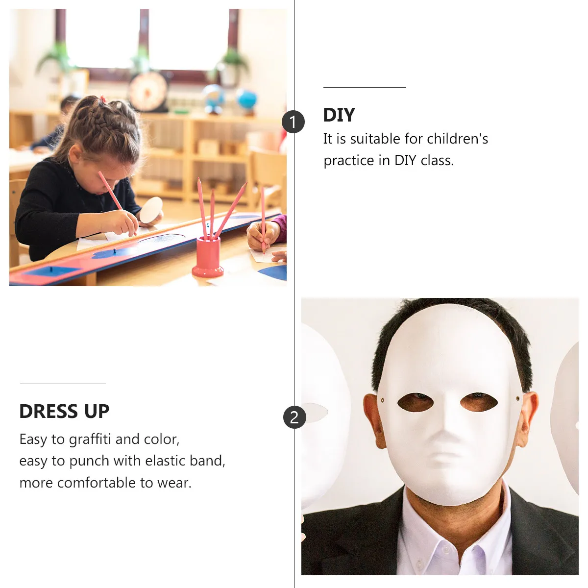 7Pcs Blank Paper Pulp Masks for Kids DIY Painting Coloring Craft Party Performance Dance Ball Festival Creative Hand-Painted