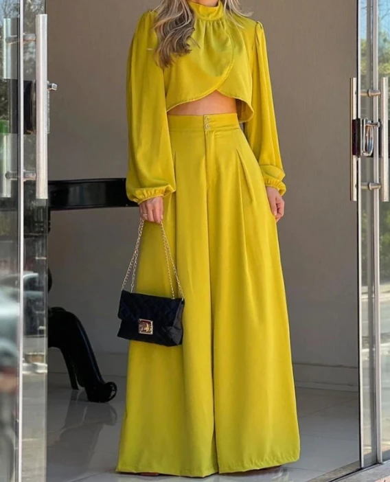 

Two Piece Set Women Outfit 2024 Spring Temperament Commuting Irregular Crop Top & Casual High Waist Daily Wide Leg Pants Set