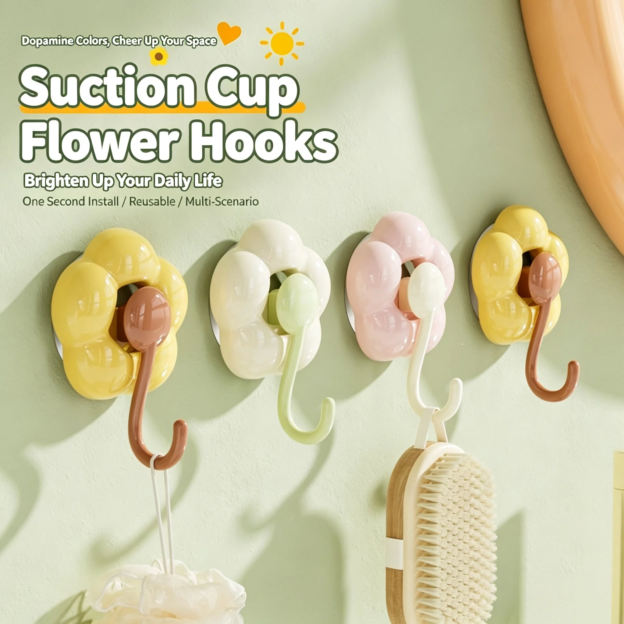 Sunflower Flower Shaped Hooks, No Drill Trace-Free & Vacuum Suction Cup Heavy Duty Hooks for Kitchen Bathroom Living Room