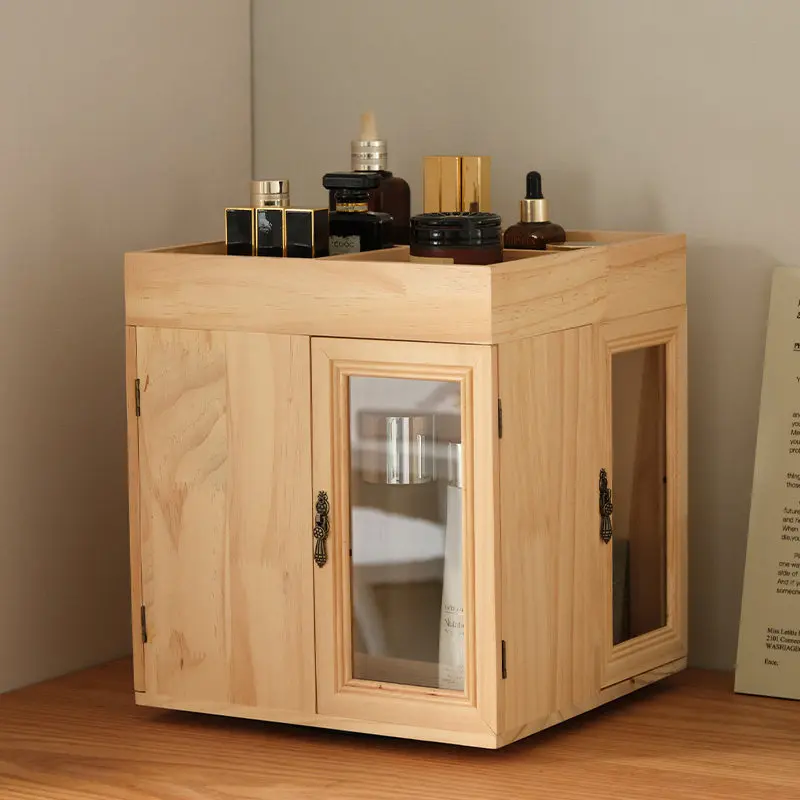 Rotatable solid wood, wooden cosmetics storage box, desktop dresser, grid finishing rack