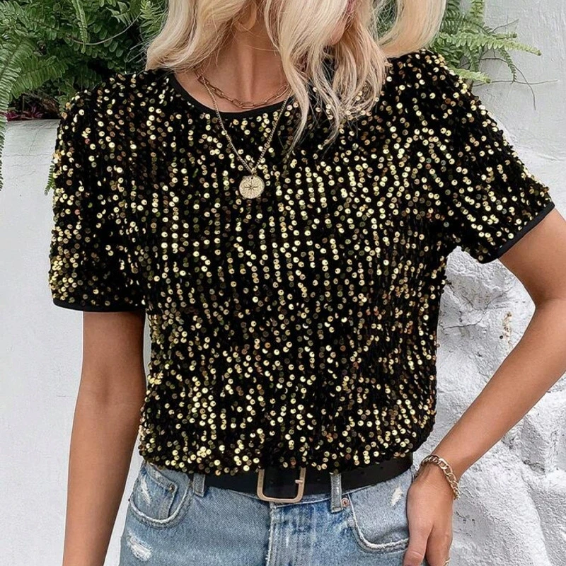 Summer Sequin T Shirt Women Fashion Solid Color All-match O Neck Short Sleeves T Shirts Tops Trendy Streetwear Lady Tees Top