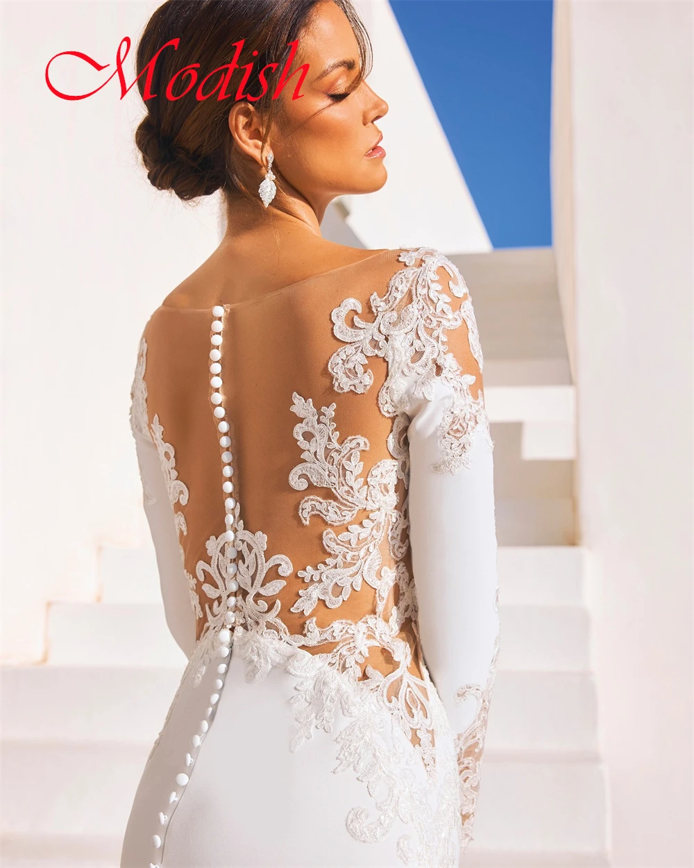 Abito da sposa in jersey bianco puro personalizzato Delicato scollo a V maniche lunghe Robe de mariée Bottoni classici sul retro Vestido De Novia