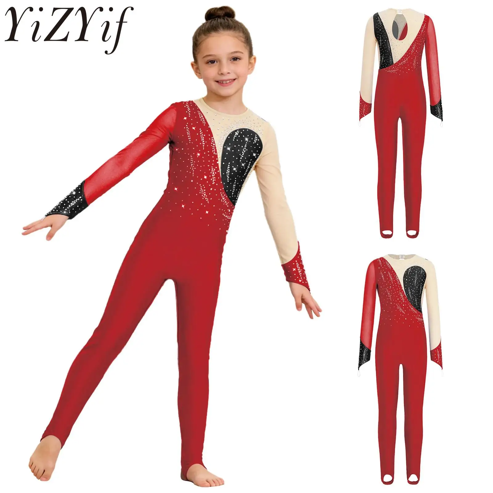 

Детский гимнастический костюм для девочек: комбинезон для фигурного катания и танцев, сетчатый, с длинными рукавами, пэчворк, со стразами, с ушками для ног, боди