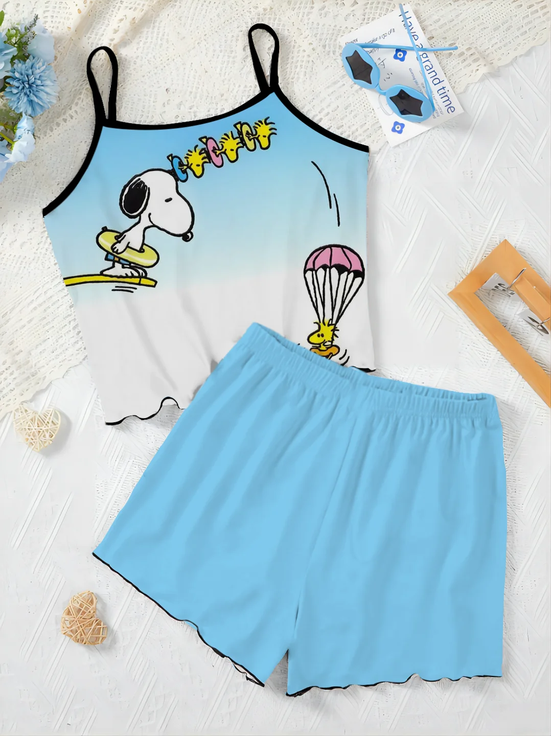 Kurze Sets für Frauen 2 Stück Damen anzug Pyjama Rock Salat besatz Snoopy Top T-Shirt Slip Kleid elegante Hose Set Frau Chic