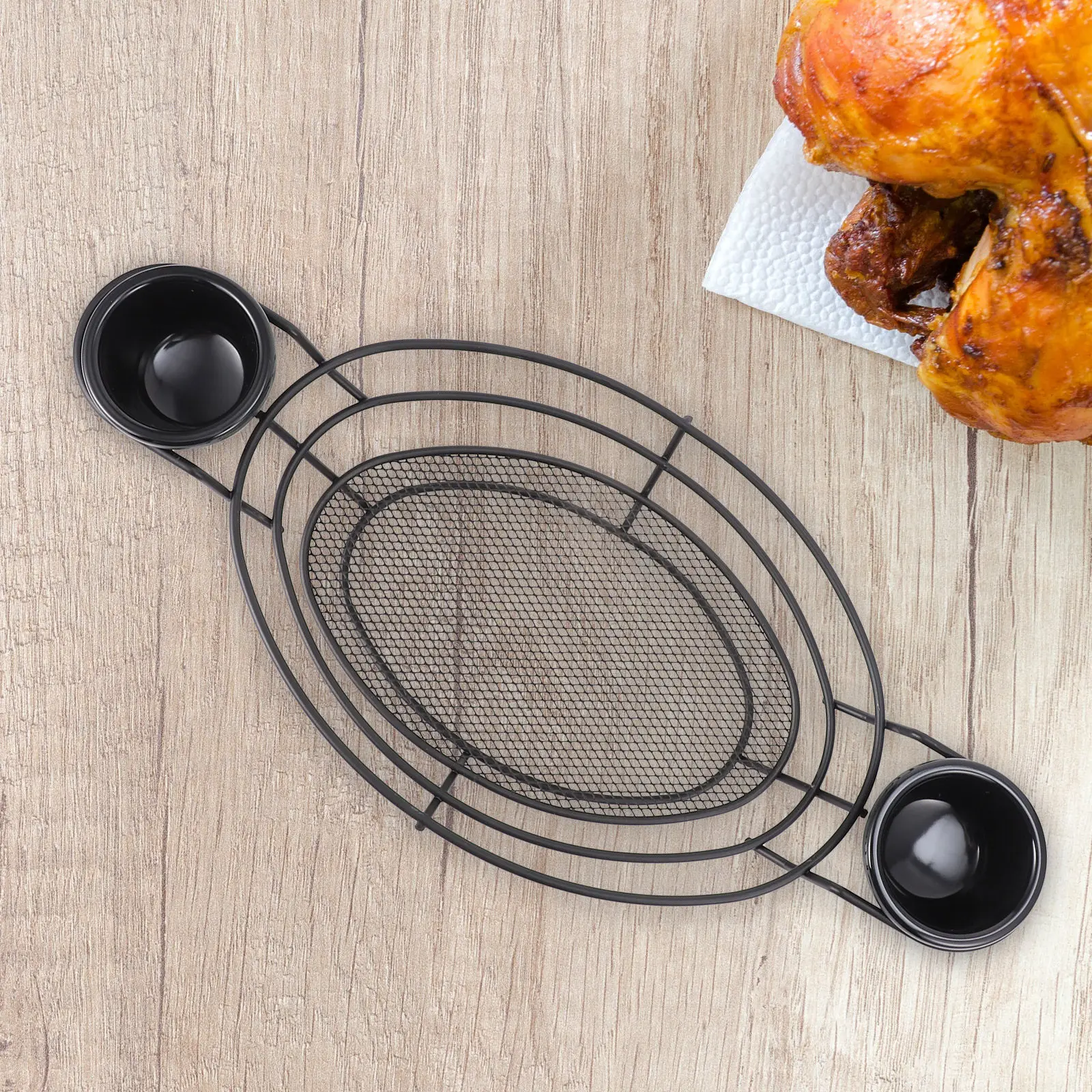 

Набор из 2 предметов: Изысканная проволочная корзина из железной проволоки с двумя чашами для хранения жареных продуктов, чипсов, курицы, черная, прямоугольная, проволочная