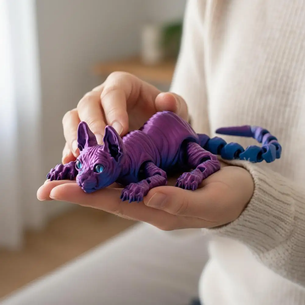 3D Printed Sphynx Cat Animals Toy Realistic Hairless Figurine Articulated Cat Fidget Toy for Cat Lover Collector Home Decoration