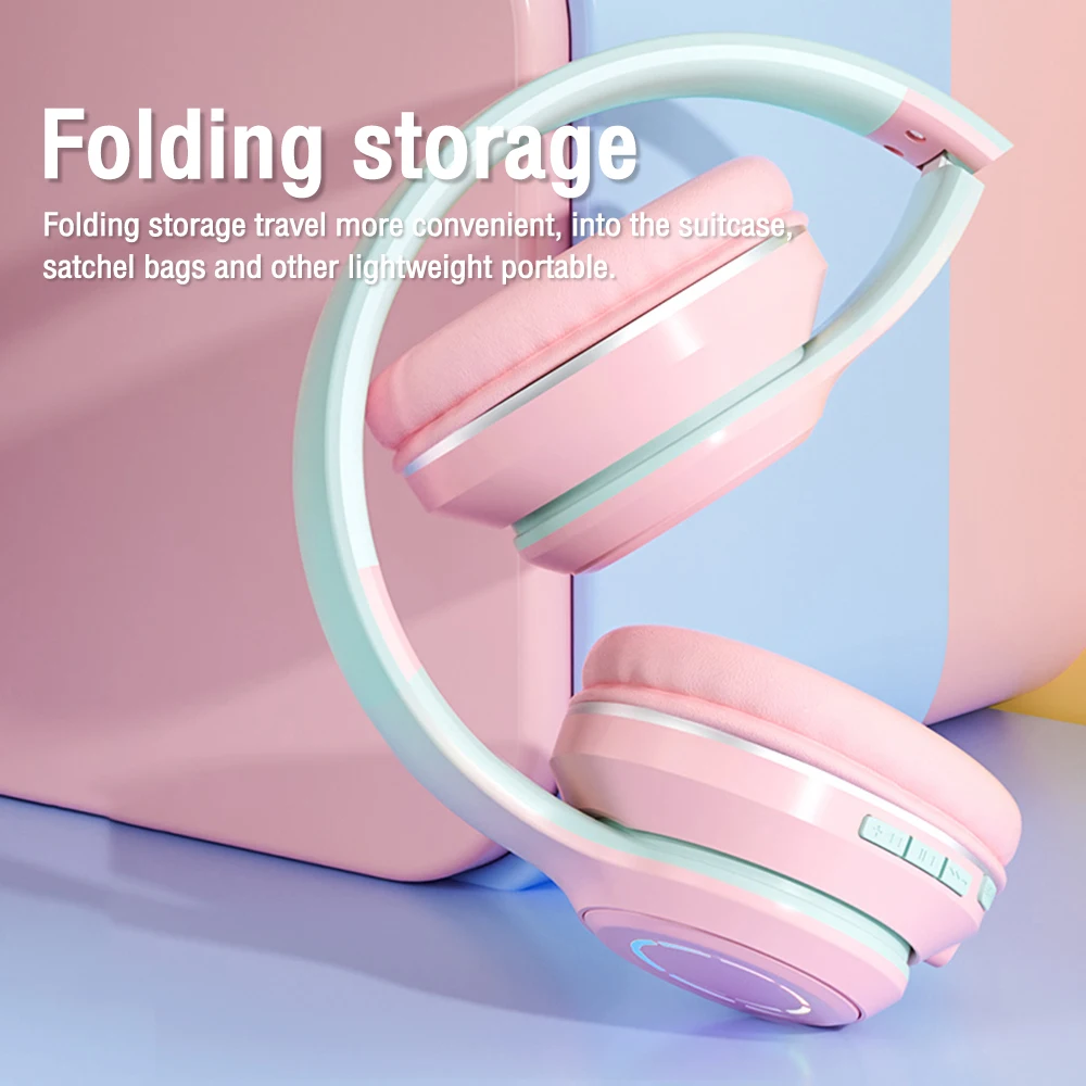 سماعة رأس بلوتوث 5.2 لاسلكية للموسيقى، لون متدرج، ضوء LED مع ميكروفون، سماعة ألعاب للأطفال، هدايا عيد الميلاد الجميلة