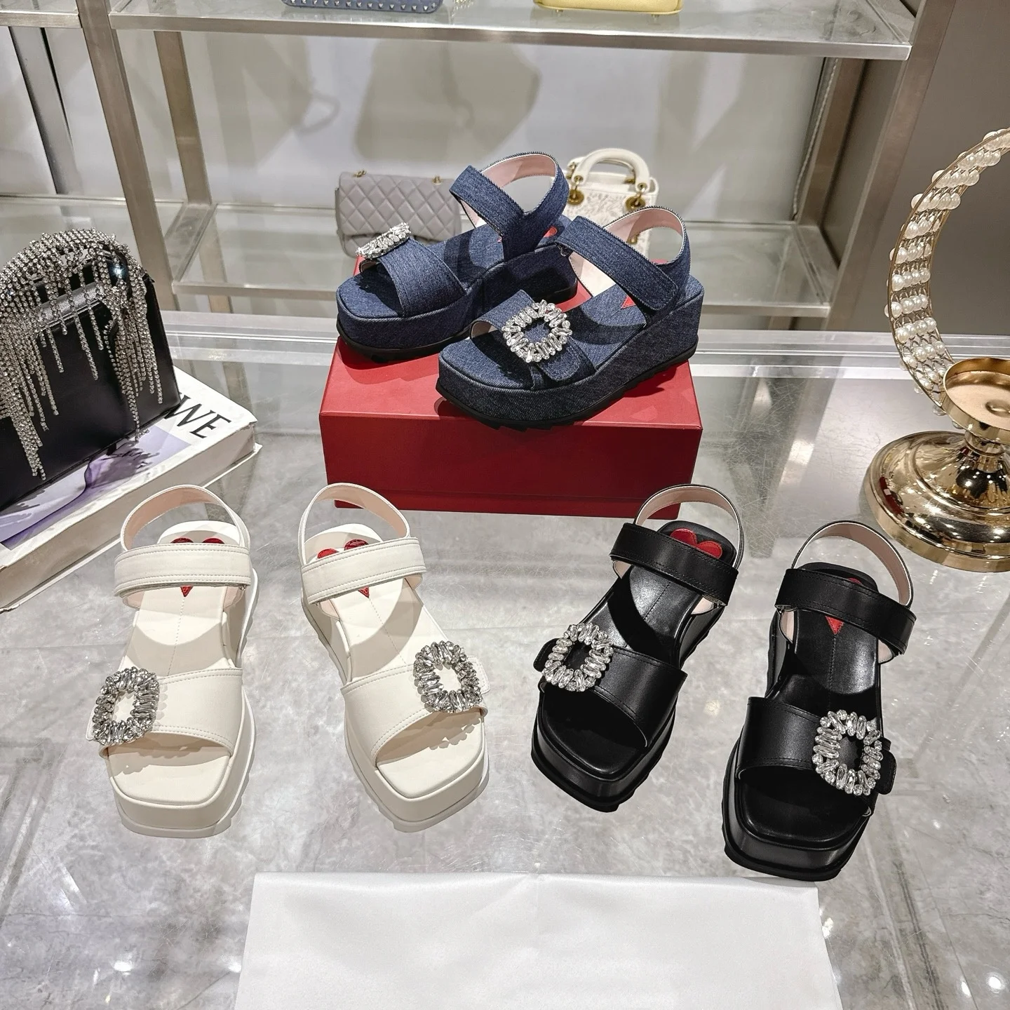 

2025 New Fashionable Versatile Square Buckle Rhinestone Thick-Soled Height-Increasing Casual Sandals