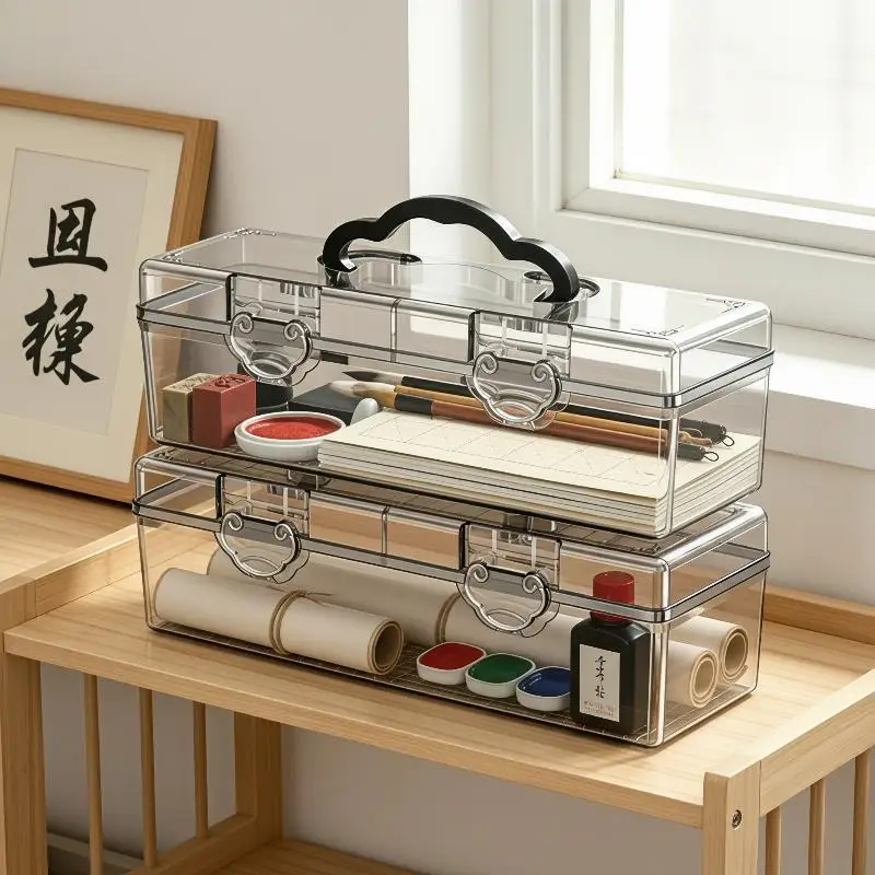 Flip Transparent Storage Box With Handle Multipurpose Organizer For Stationery Painting Small Tools