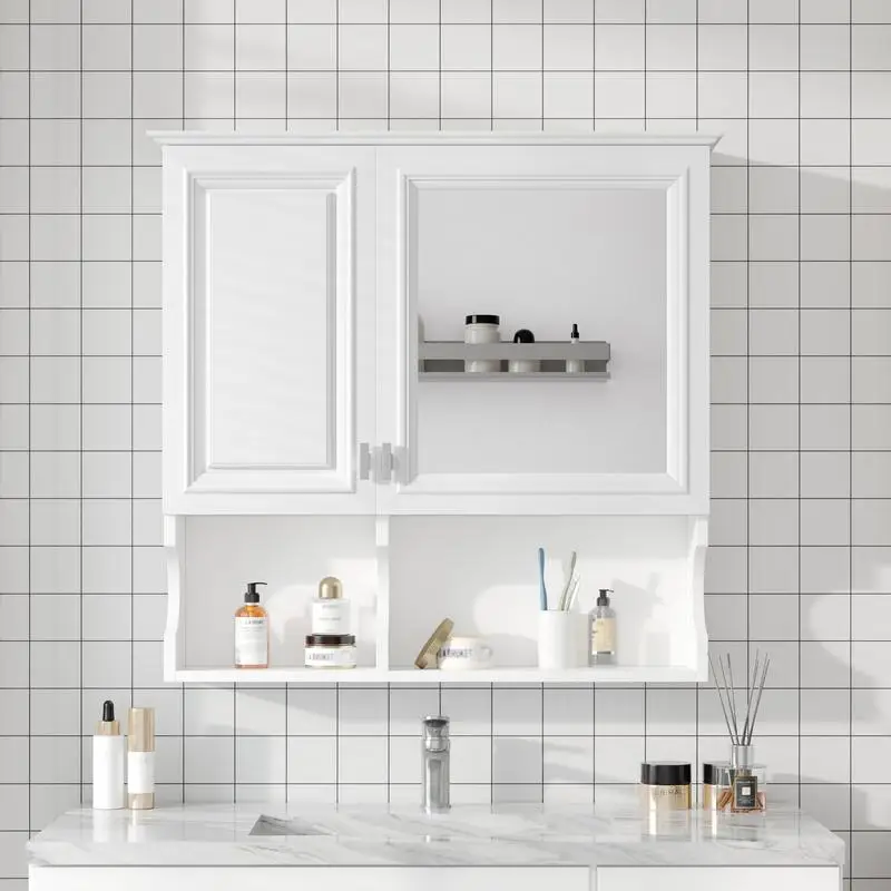 

30" Medicine Cabinet with Open Shelves, Wall-Mounted Bathroom Storage with Mirror, Adjustable Shelves, Over-Toilet Storage