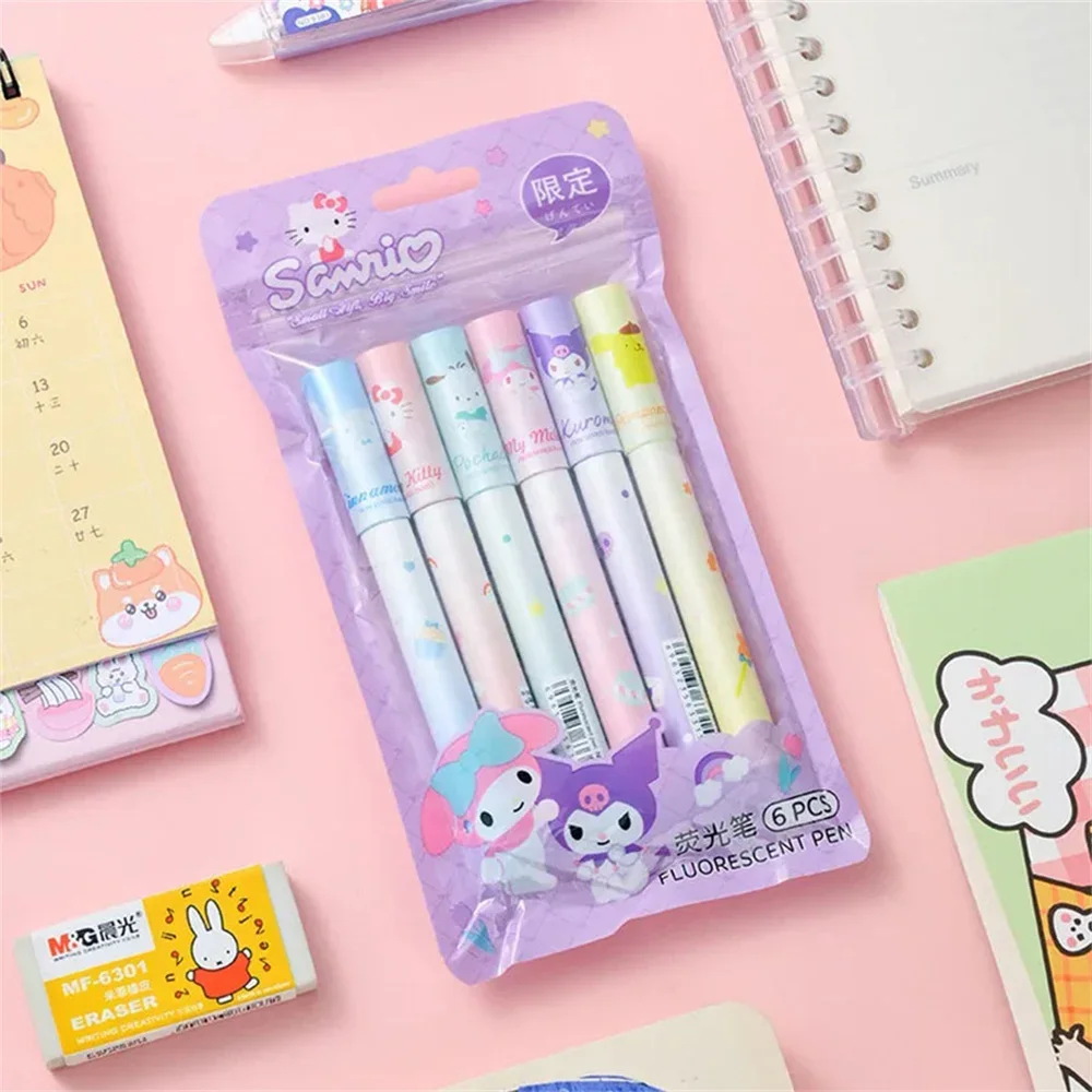 

6Pcs Kawaii Sanrio Hello Kitty Cinnamoroll Highlighter Pen Set Cute Kuromi Melody Scrawl Art Fluorescent Markers Pens Kids Gifts