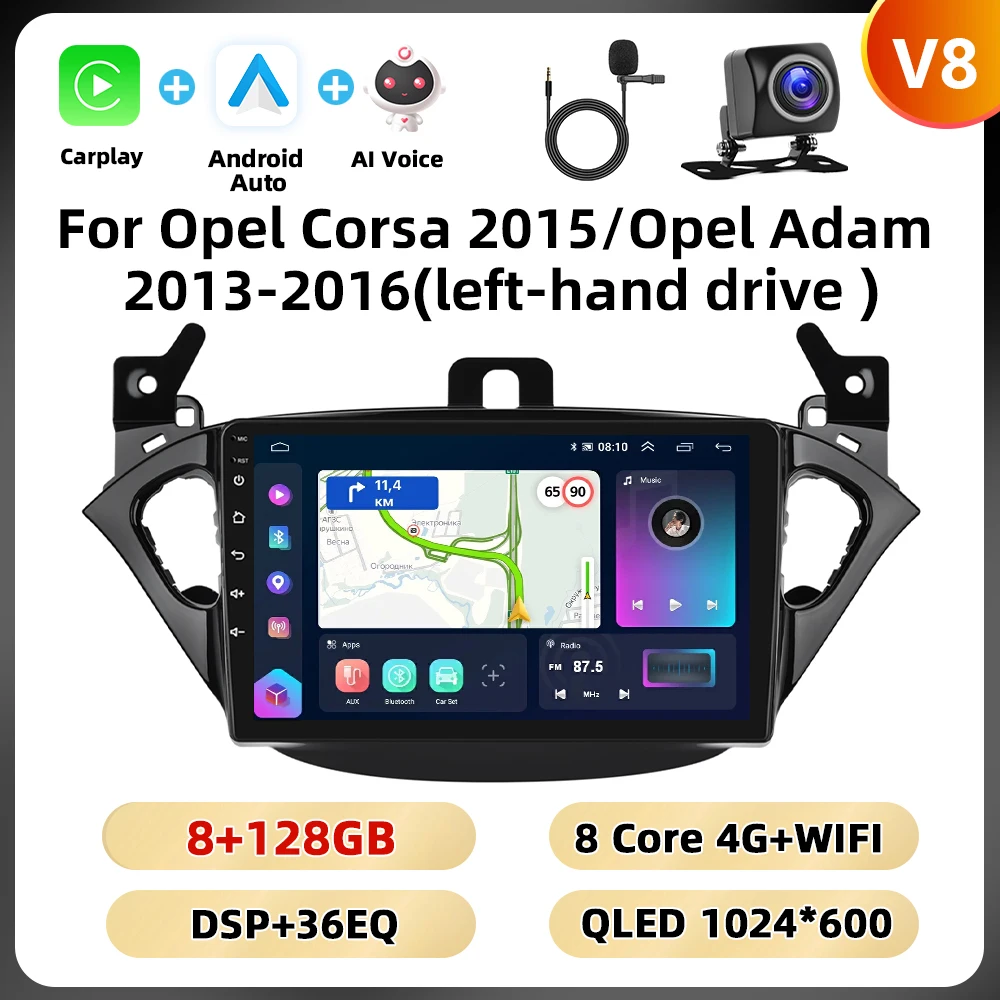 Podofo 2Din 8 + 128G Autoradio Voor Opel Corsa 2015/Opel Adam 2013-2016 Multimedia Speler AI Voice Carplay Android Auto BT GPS WIFI
