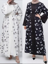 Eid Muslim Abayas Women Party Abaya Print Flare Sleeve Cardigan Morocco Caftan Ramadan Lace-up Islam Dubai Arab Long Robe 2024