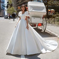 SoDigne Boho Satin A-Line Wedding Dress 2022 Elegant Short Puff Sleeves Square Neck Women Princess Bridal Gown Customized